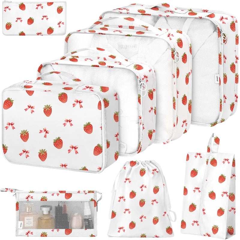 Hatisan 8 Set Packing Cubes for Suitcases,Packing Cube with Shoe, Cosmetics, Clothing, and Accessories Bags Packing Cubes for Travel Luggage Organizer Women Men(Strawberry Bows) - Image 1